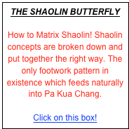 THE SHAOLIN BUTTERFLY

How to Matrix Shaolin! Shaolin concepts are broken down and put together the right way. The only footwork pattern in existence which feeds naturally into Pa Kua Chang.

Click on this box!
